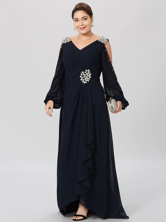 Etuikleid/Säulenkleid für die Brautmutter, Übergröße, elegant, hoher und niedriger V-Ausschnitt, asymmetrisch, Chiffon, Stretch-Satin, lange Ärmel mit überkreuzten Kristallen